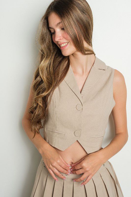 CONJUNTO DE BLAZER SIN MANGAS CON CUELLO DE SOLAPA ELEGANTE